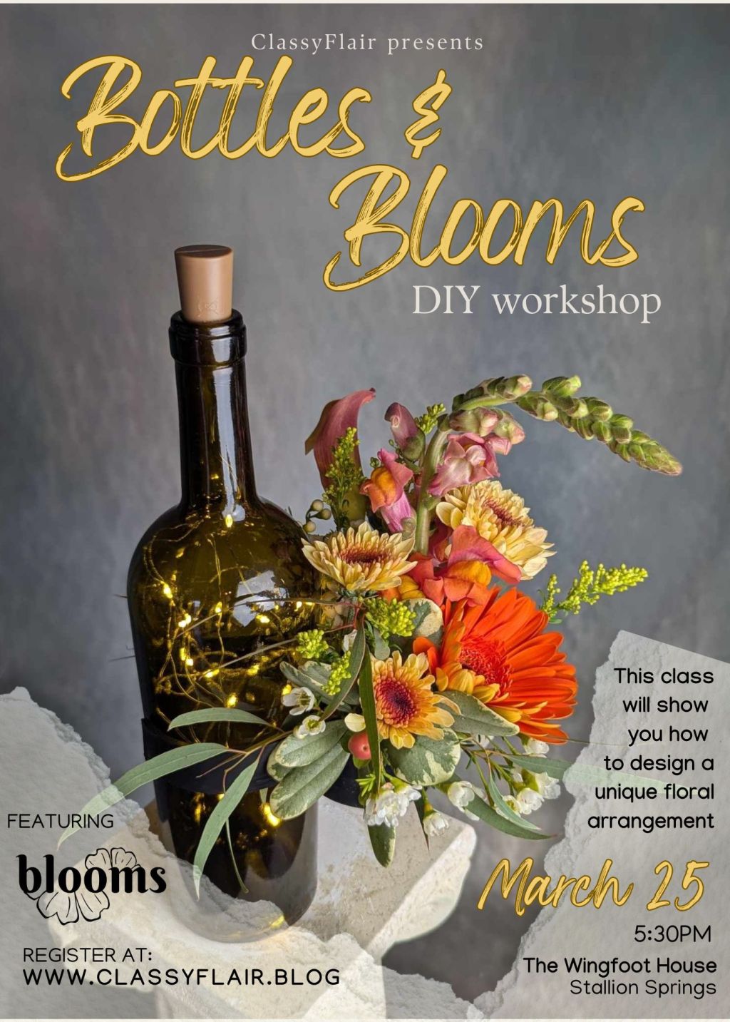 “Bottles and Blooms” Floral workshop May&nbsp;23